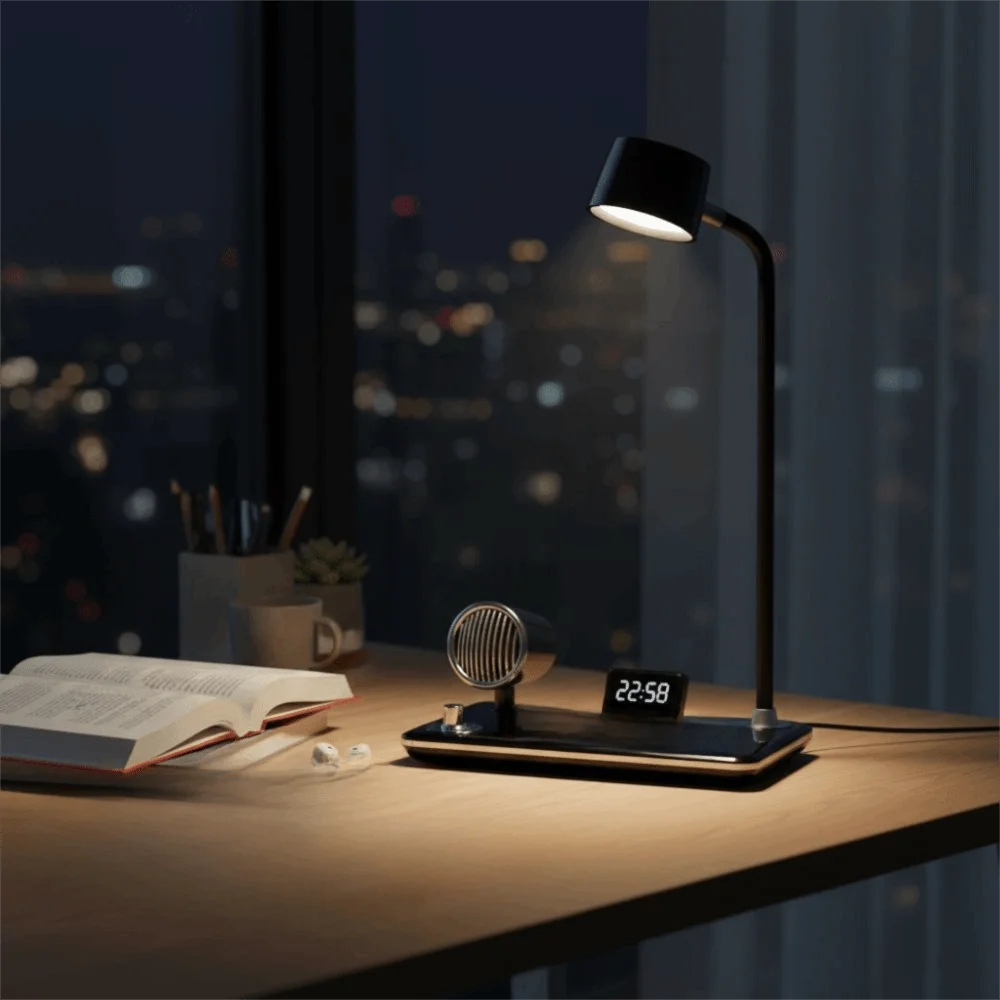 

USB-порт, светодиодная настольная лампа, многофункциональное ночное освещение, беспроводное зарядное устройство, подставка для часов, беспроводное зарядное устройство, Bluetooth-динамик, прикроватная тумбочка