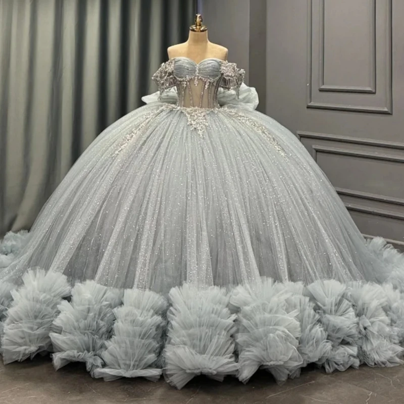 

Silver Gray Shiny Ball Gown Quinceanera Dresses Applique Lace Beading Crystal Bow Tiered Tull Corset Off Shoulder Sweet 16 Dress