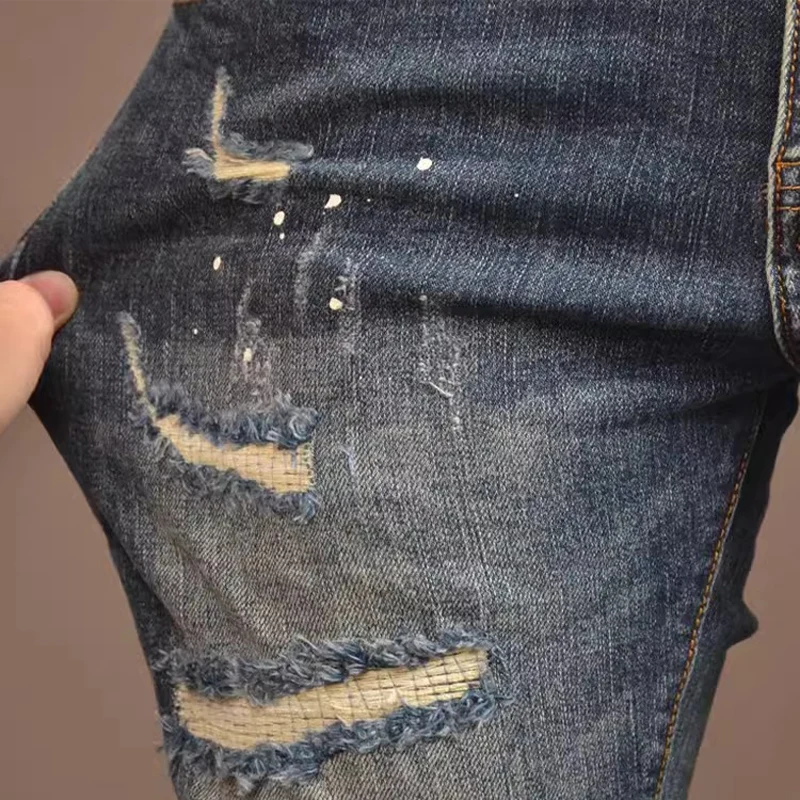 Fashion Streetwear Men Jeans Retro Blue Stretch Skinny Fit Ripped Jeans Men Patched Designer Vintage Casual Denim Pants Hombre