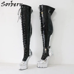 Sorbern Exotic Mid Thigh High Boots for Cosplay Women Heelless Horse Shoes Lace Up Fetish Shoes Platform Boot No Heels