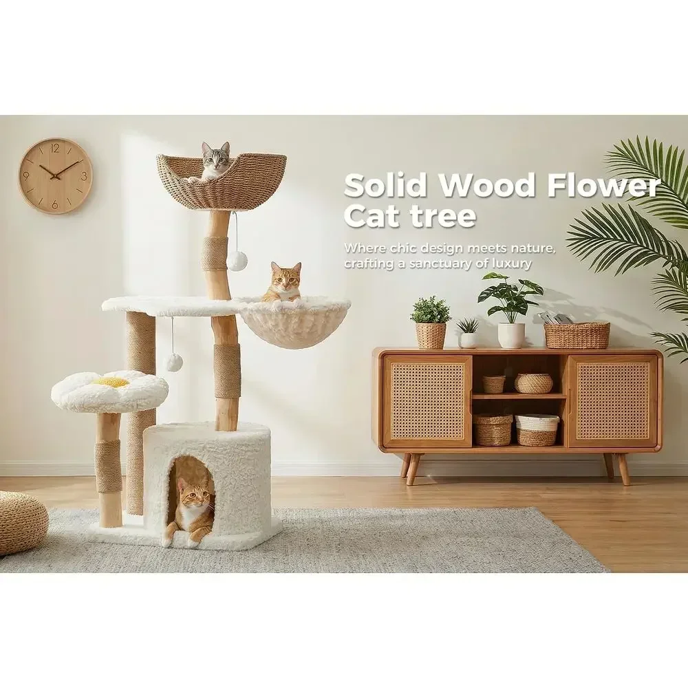 48.5 Tall Solid Wood Cat Tower with Luxury Condo, Hammock, Scratching Post, Rattan Perch, and Lower Bed for Large Cats, White