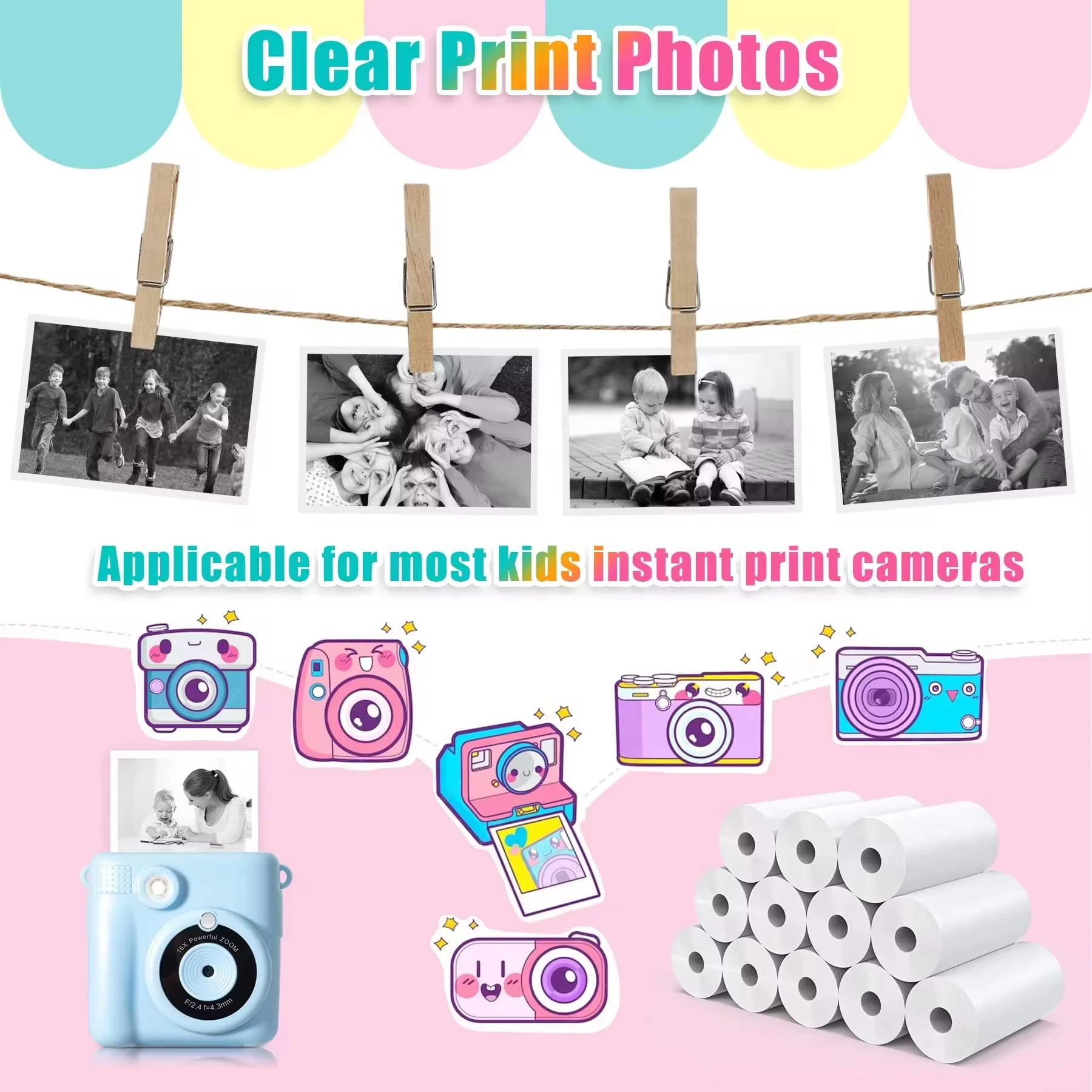 20 Rolls Kids Instant Camera Print Refill Paper Photo Printer Thermal Paper,HD Paper Camera for Kid's Instant Camera Favors