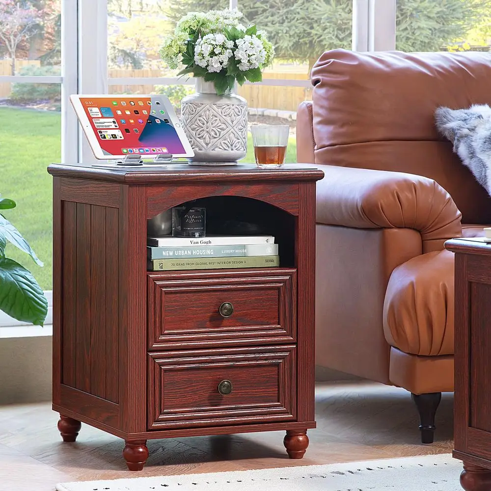 

Farmhouse Night Stand with Charging Station, Wood Nightstand with 2 Drawers, Rustic Bedside End Table with Shelf Storage, Bed S