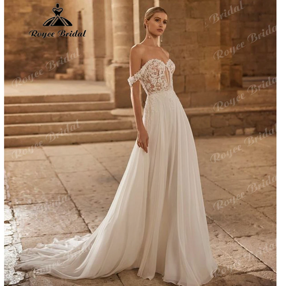 Schulterfreies Brautkleid mit floralem Spitzenmieder, Chiffon, A-Linie, transparenter Rücken, Kapellenschleppe, romantisches Boho-Brautkleid, individuell gestaltet