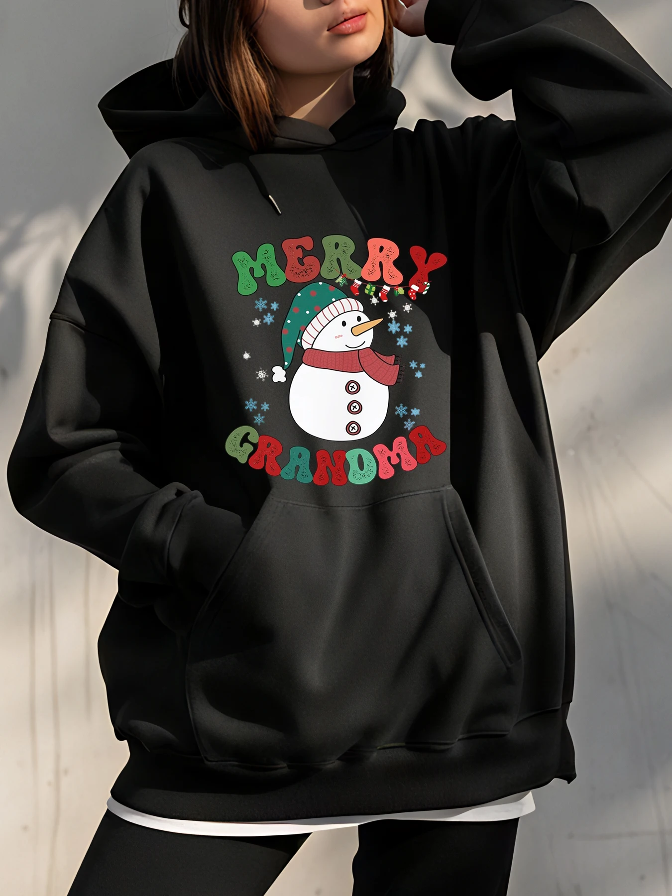 

Рождественская толстовка с капюшоном, женская повседневная зимняя толстовка с принтом снеговика, праздничный подарок для бабушки