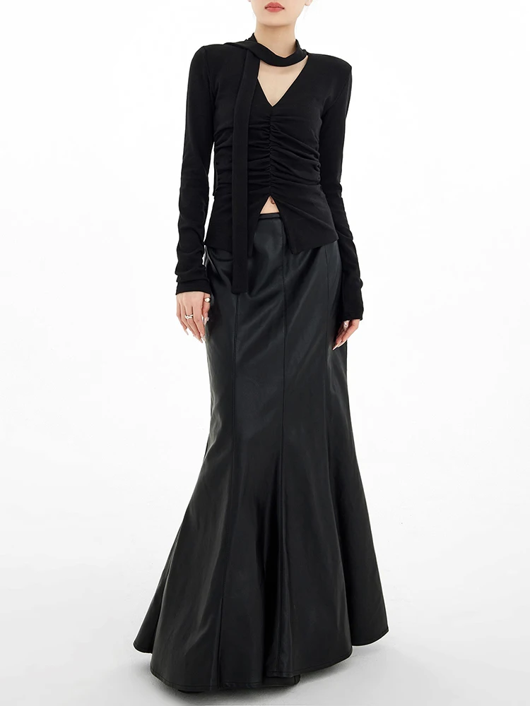 Mauroicardi Spring Autumn Black Pu Leather Maxi Mermaid Trumpet Skirt Women High Waist Extra Long Luxury Elegant Clothes 2025