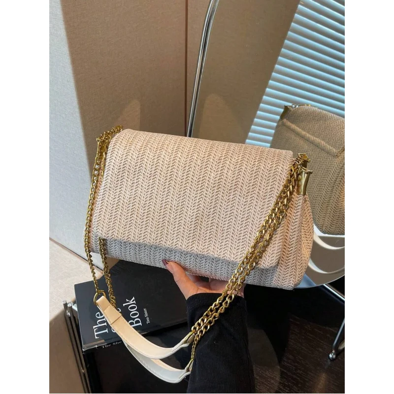 

1pc Spring/Summer Beige Vintage Chain Strap Bag, Fashionable Textured Women's Straw Woven Casual Shoulder Bag, Suitable For Dail