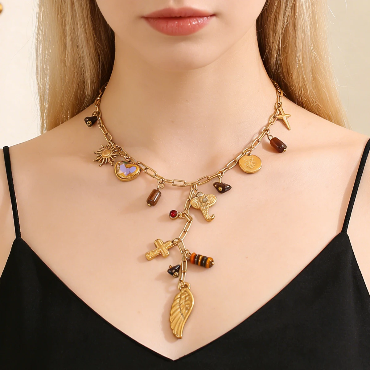 

SOVOB Vintage Multicharm 18K Gold-Plated Necklaces For Women Sun Heart Cross Wing Pendants Y2K Aesthetic Party Jewelry Gifts