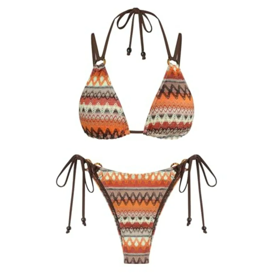

ZAFUL Women's Halter Bikini Set Stripes Triangle Tied Cheeky Thong Double Shoulder Straps Two Pcs Bathing Suit
