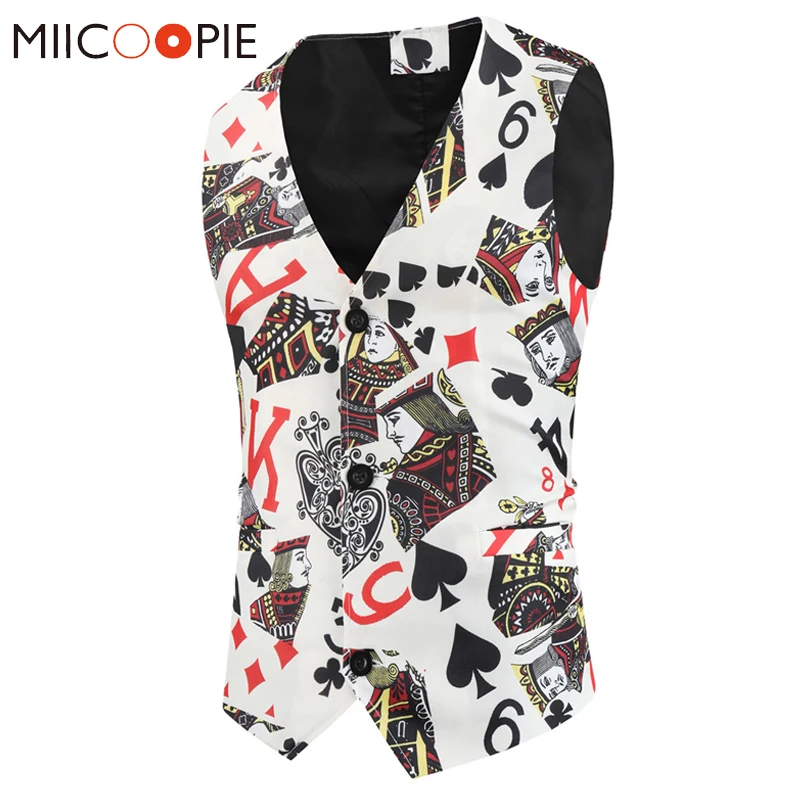 Sleeveless Playing Cards Printed Chalecos Para Hombre Multi Pattern Slim Fit Tuxedo Suit Vest Men Casual V-Neck Waistcoat Jacket