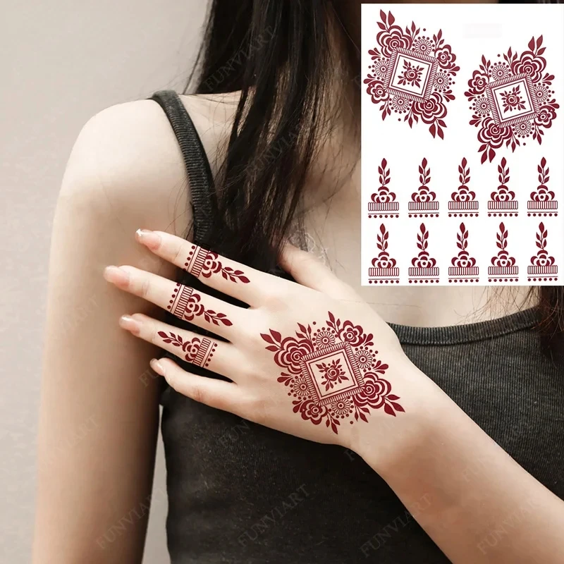 Maroon Henna Tattoo Stickers for Hand Foot Flower Temporary Tattoos for Wedding Party Brown Fake Tattoo for Women Body Art