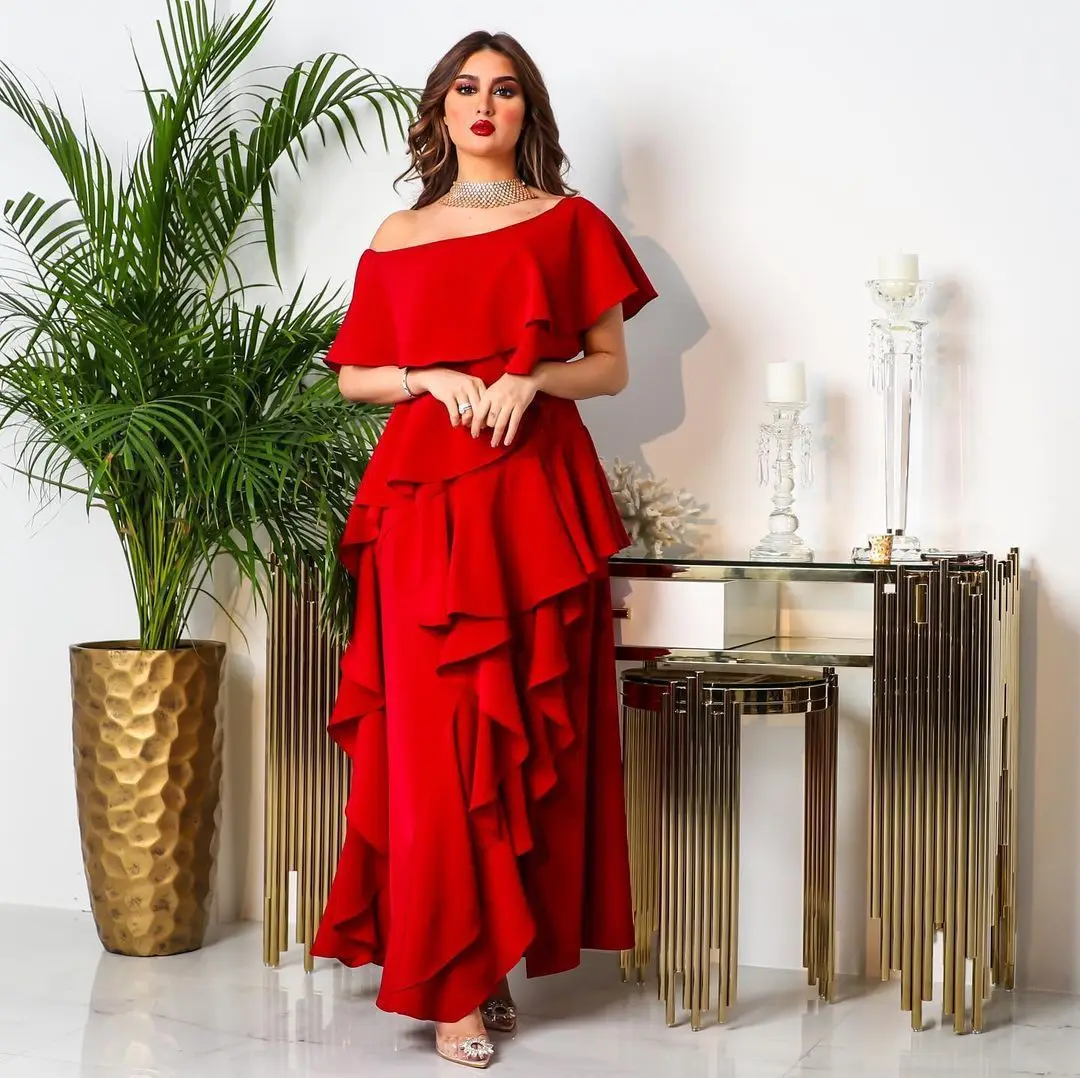 India Dubai Party Dress for Women Skew Collar Ruffle Ball Gown Vestidos Wedding Prom Evening Dress Red Color Morocco Dresses