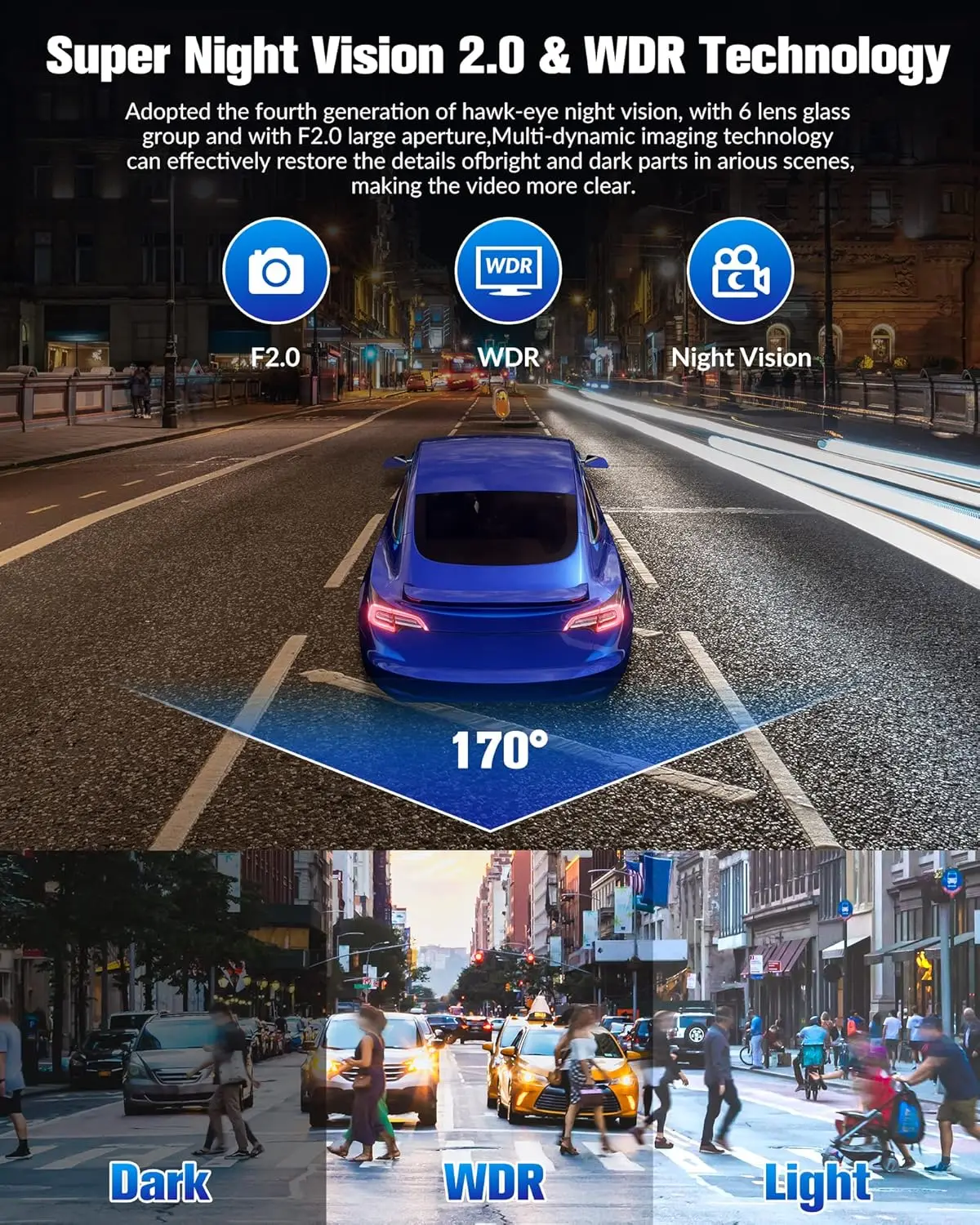 Dash Camera for Cars,4K Full UHD Car Camera Front Rear with 32GB Card,Built-in Super Night Vision,2.0'' IPS Screen,170°Wide Angl