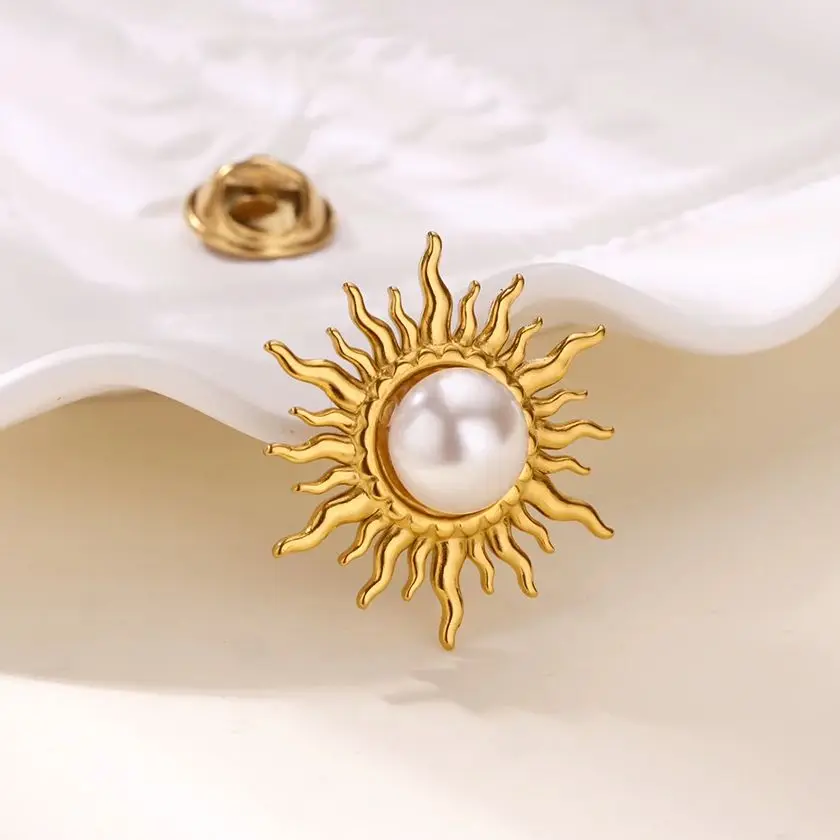 Stainless Steel Flame Sun Brooch for Women Artificial Pearl Gold Color Anti Fading Pin Vintage Coat Accessories Jewelry Gifts