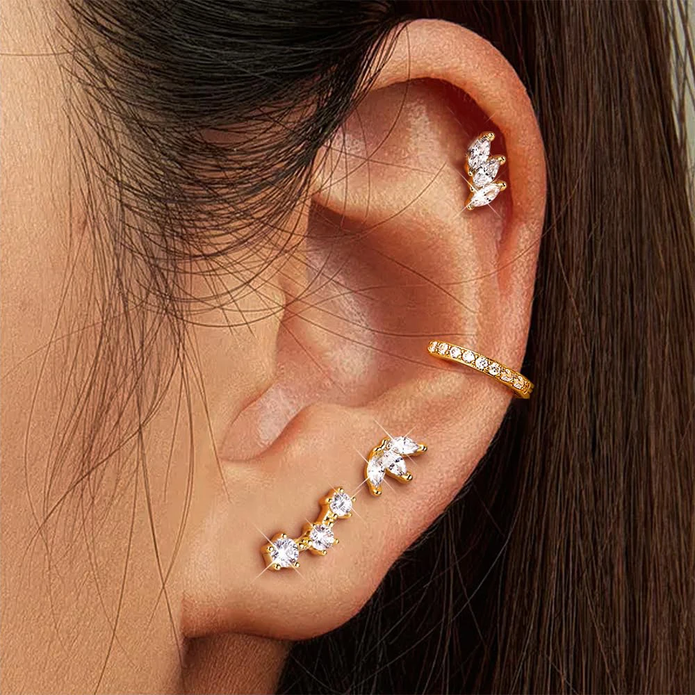 4PCS Stainless Zircon Little Butterfly Crown Ear Stud Earrings Set For Women Korean Crystal Helix Cartilage Piercing Jewelry