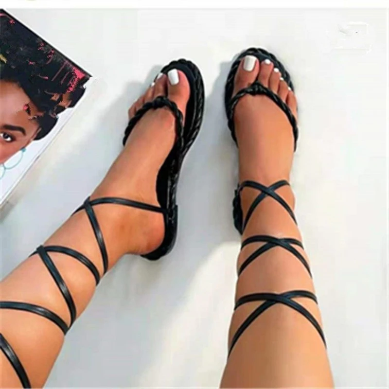 2024 New Gladiator Women Flat Sandals Ladies Clip Toe Cross Strap Thong Sandals Shoes Woman Beach Free-binding Sandalen Dames