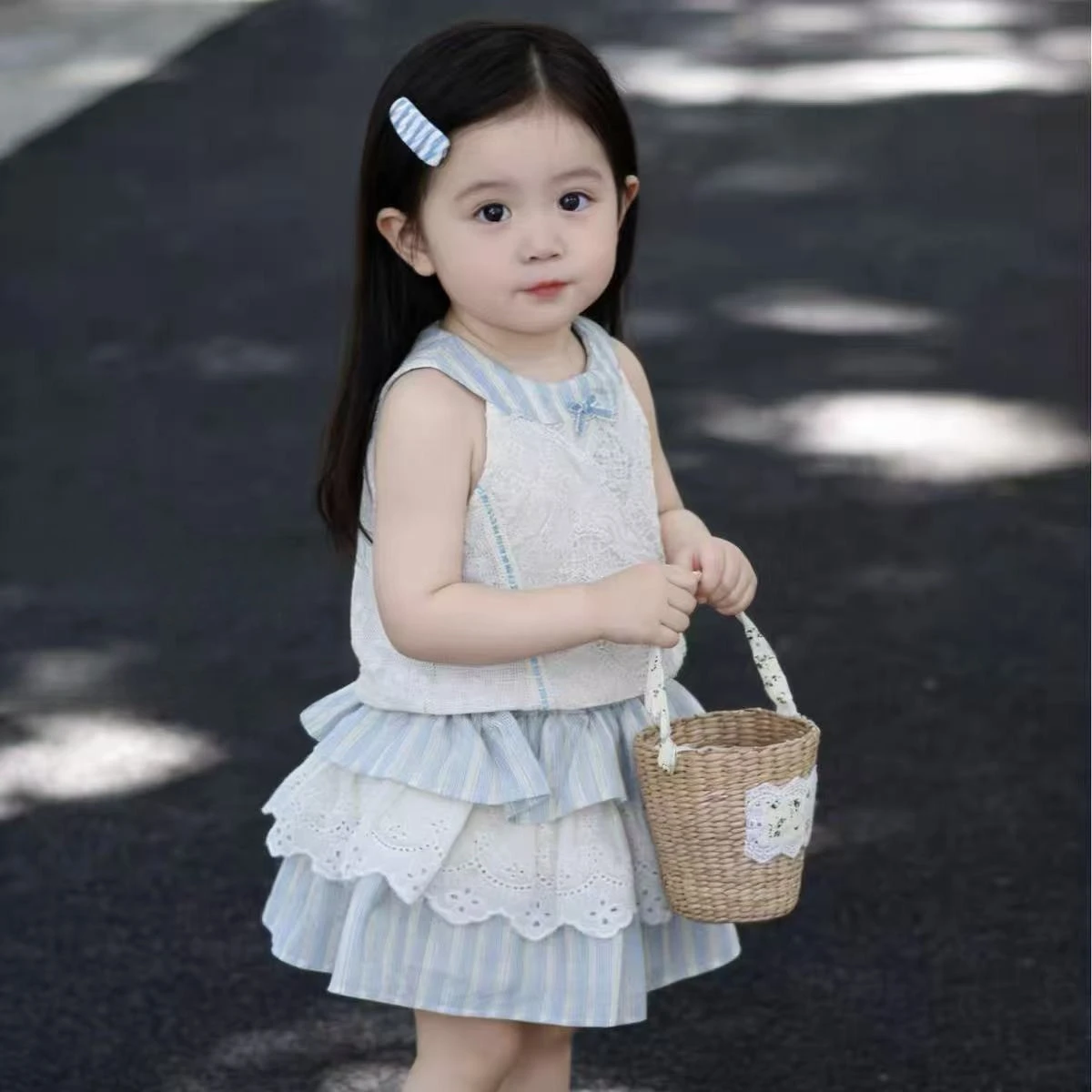 Girls' Korean style ladylike style summer new style hanging neck hollow out sleeveless top cake skirt two-piece set