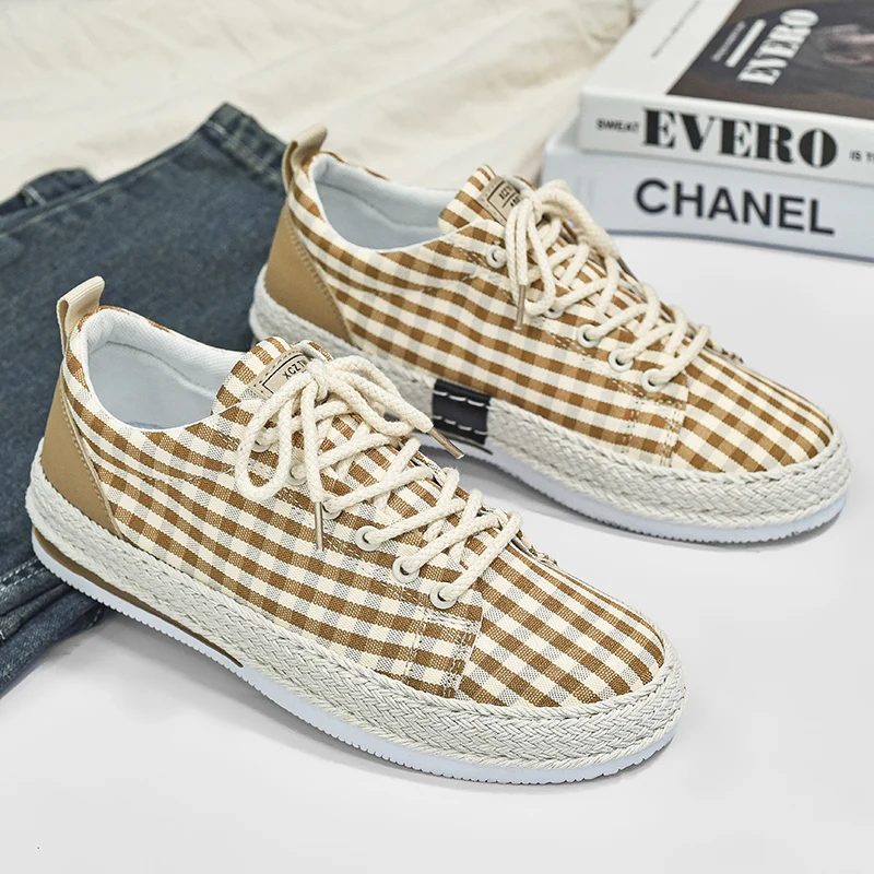 

Best Sale Beige Khaki Men's Canvas Shoes Low-Cut Breathable Casual Sneakers Men Shoes Striped Design Flat Shoes Man Espadrilles