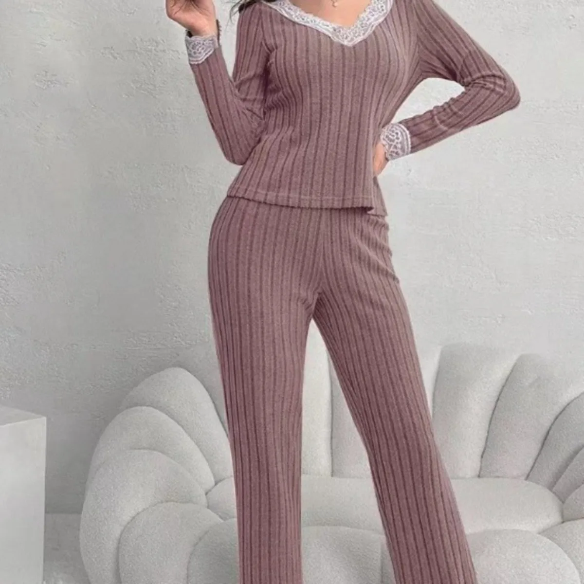 Elegant Ribbed Knit Long Sleeve Top And Flared Pants Set With Contrast Lace Trim V Neck Casual Loungewear