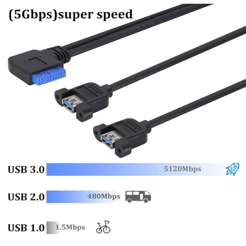 5Gbps 20-Pin 90 Degree Elbow to USB 3.0 Dual Port Female Threaded Installation Cable for Computer Motherboard Installation