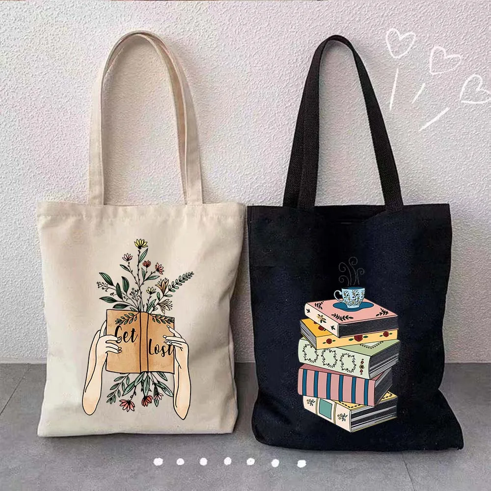 Aesthetic Floral Books Shoulder Bag Literature Book Flower Bookstack Canvas Totes Bag Girls Cotton Bags Travel Harajuku Handbags