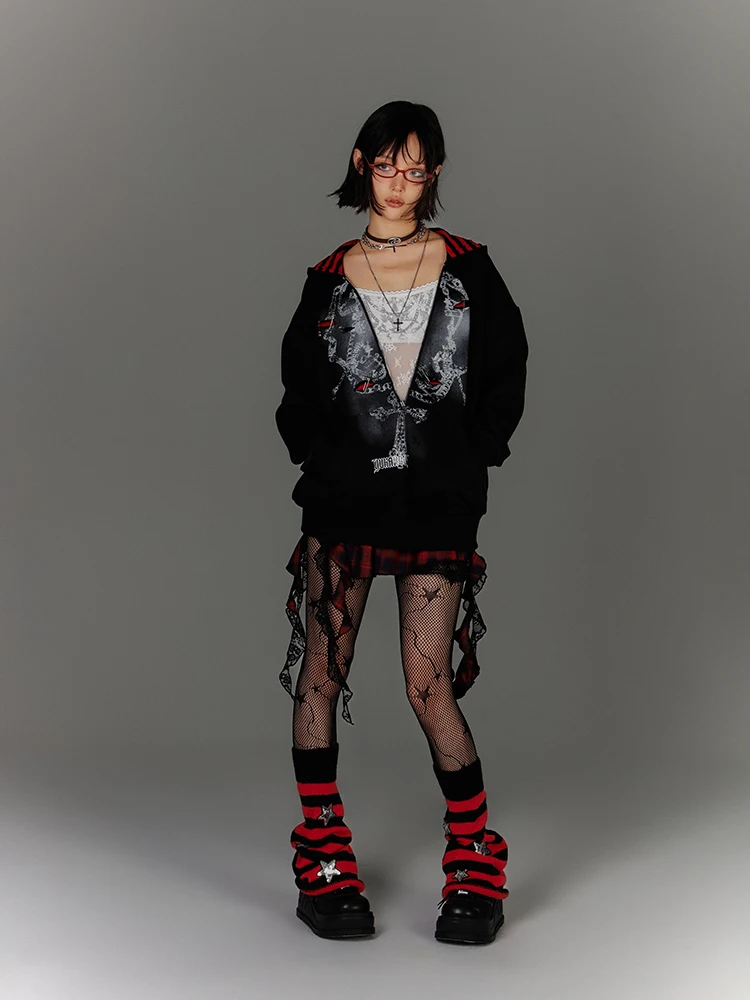 เสื้อฮู้ดดี้ทรงหลวม YUKAHOUSE รุ่นใหม่ ลายทาง ซิปหน้า สไตล์สาวทันสมัย Y2K เสื้อผ้าผู้หญิง ผ้าผสมคอตตอนและโพลีเอสเตอร์ สำหรับฤดูใบไม้ผลิ