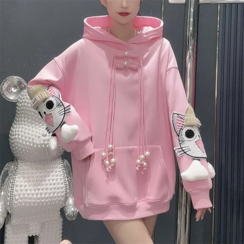 2025 Winter Outside Wear Plus Velvet Thickened Long-Sleeved Hoodie Women's Fashion Age-reducing Mid-length Loose and Thin Top X4