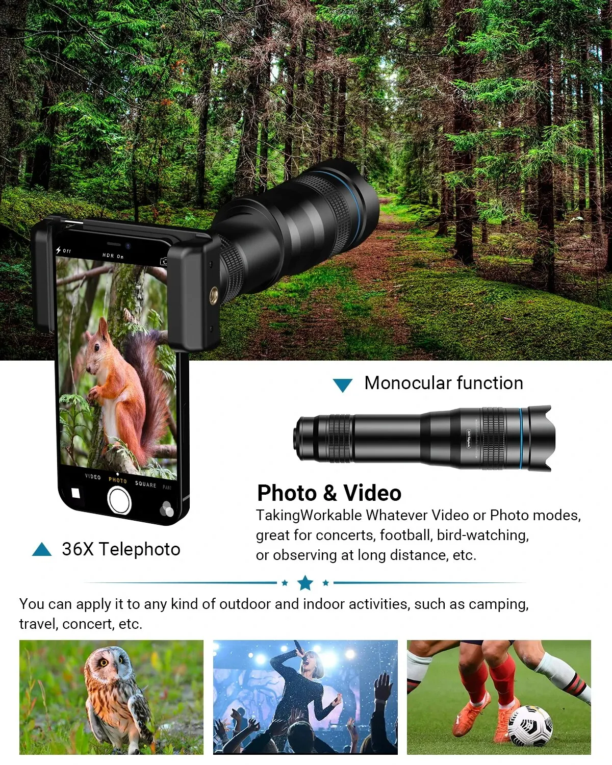 APEXEL جديد 36X عدسة مع حامل معدني ثلاثي القوائم تلسكوب بمشبك عالمي لهاتف iPhone و sax و sunma ومشاهدة الطيور والحفلات الموسيقية
