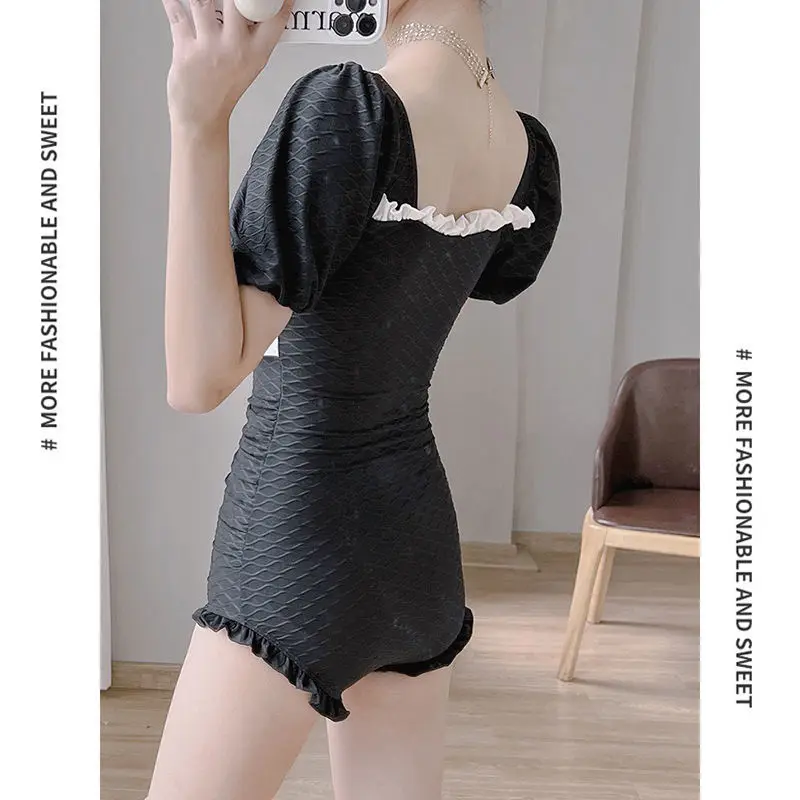 2023 Summer Women Vintage Ruffle Sexy Hollow One Piece Swimsuit Trendy Short Sleeve Push Up Beach Bathing Bodysuit Slim Swimwear