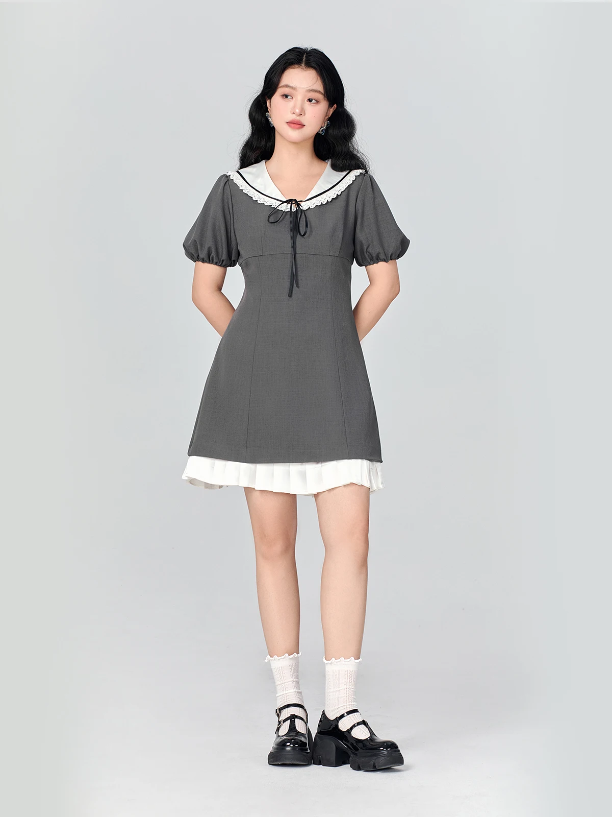 GW plus Size Navy Collar ort Sve Dr Ele Waist Cinching Slimming A-Line Midi Dr สำหรับผู้หญิงไซส์ใหญ่ ฤดูร้อน ใหม่