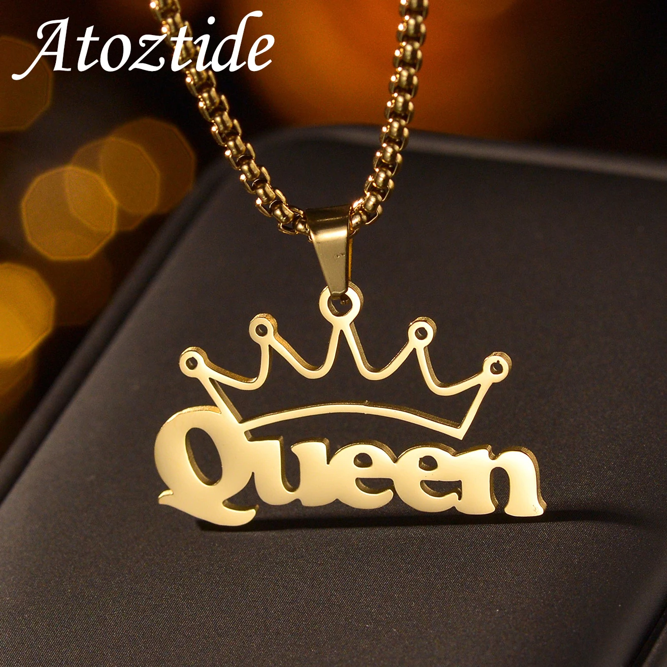 Atoztide Personalized Custom Names Necklace Stainless Steel Hollow Crown Pendant Cuban Thick Chain for Men Women Jewelry Gift