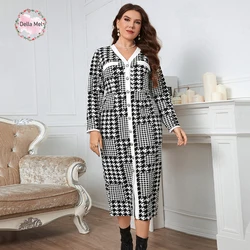 Della Mel Plus Size Autumn Elegant Temperament V-neck Polyester Long Dress Lady Single-breasted Houndstooth Dress Women Clothing