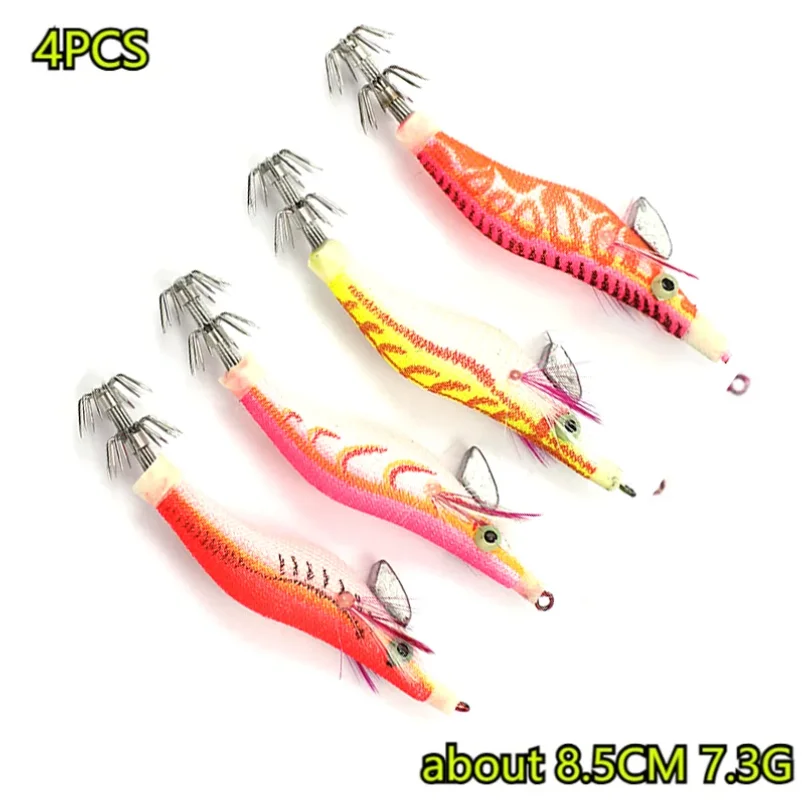 

4PCS Fishing Lures Wrapped Prawn Lure Octopus Shrimp Wood Baits Squid Jig Fishing Hooks about 8.5CM 7.3G,For Outdoor Fishing
