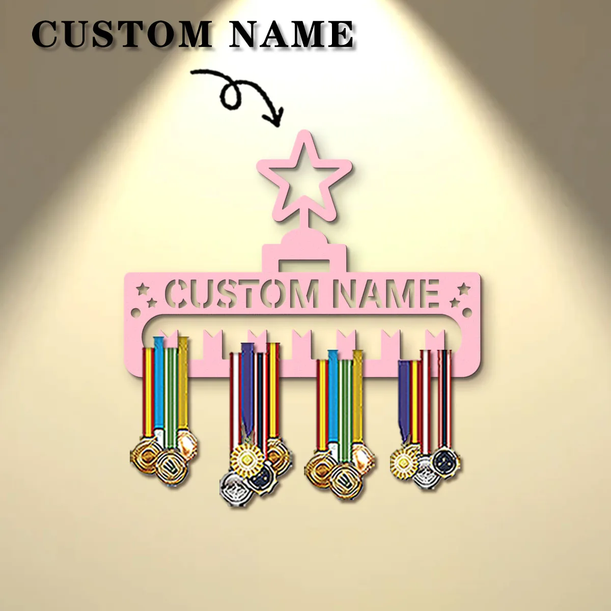 1pc Custom Modern Style Cartoon Star Decor Frame Wooden Sports Medal Holder, Wall Mounted Display Stand for Sports Lovers Gift view 2