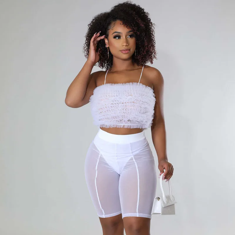 

Ruffles Mesh See Through Shorts Sets Sexy Club Outfits for Women Spaghetti Strap Crop Top + Biker Shorts Matching Sets Clubwear