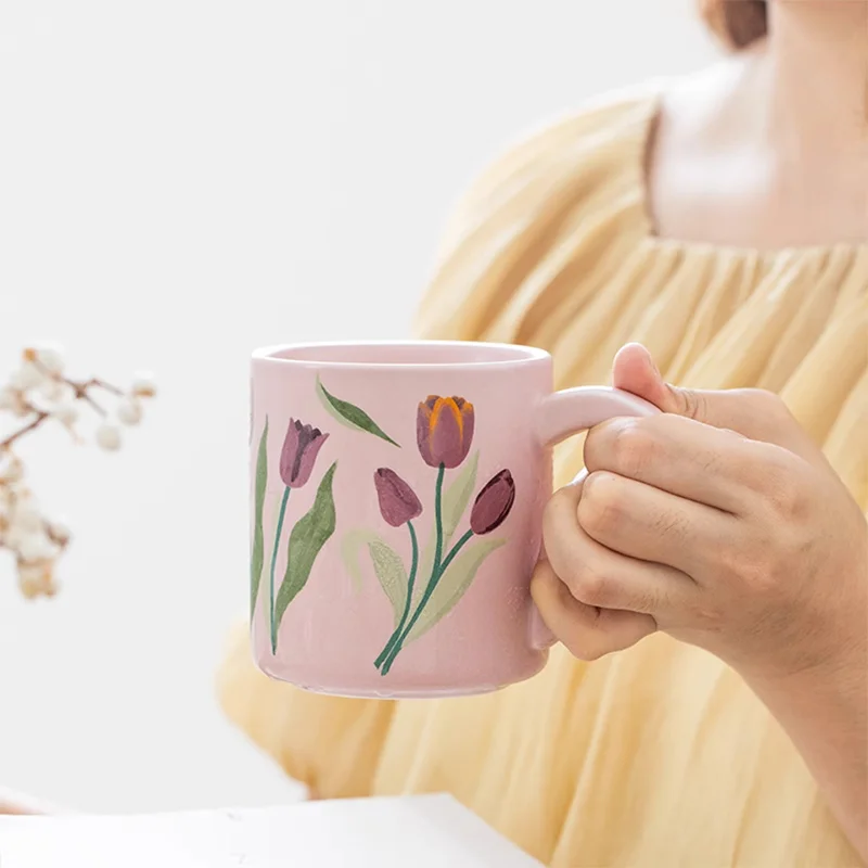 Ceramic Mugs 420ml Home Office Milk Coffee Tea Drinkware Purple Tulip Rose Printed Cartoon Cute Cups Birthday Gift