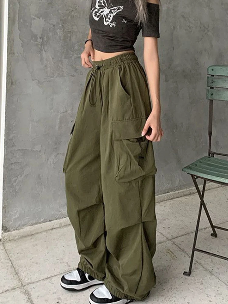 Women Big Pockets Cargo Pants Y2K Harajuku Drawstring Oversized Pants Female Street Style Solid Sweatpants Joggers Trousers