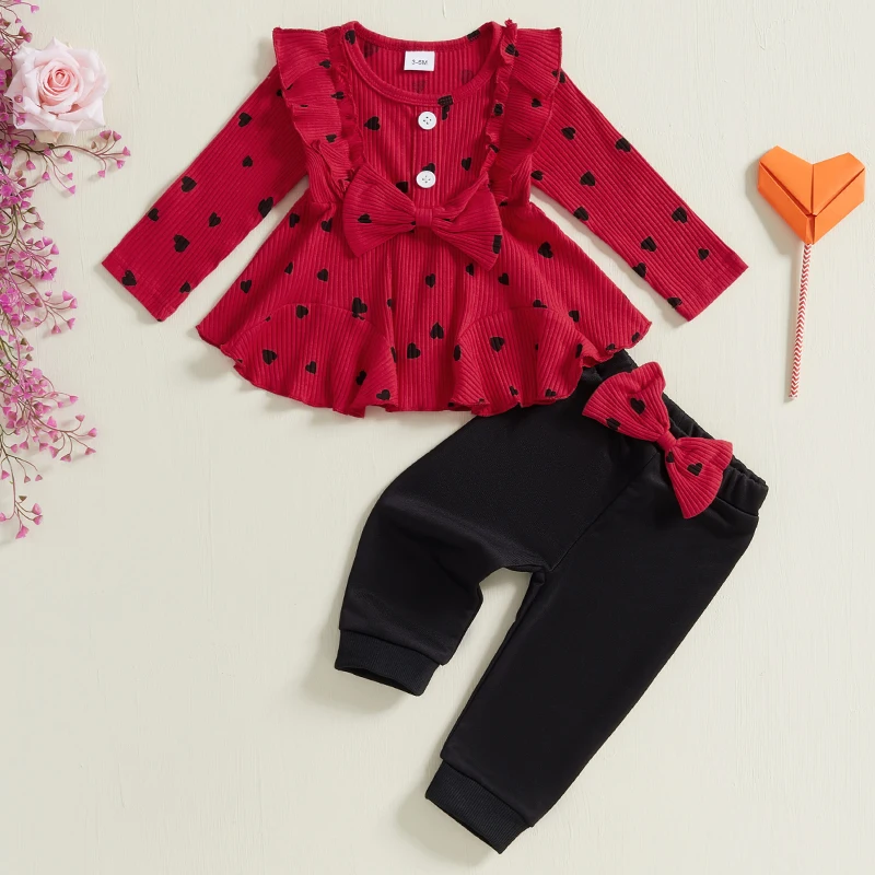 Newborn Infant Baby Girls Clothes Sets Love Heart Pattern Long Sleeve Pants Outfits