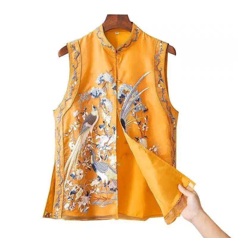 Chinese traditional vest women oriental style top stand collar plate button embroidered vest sleeveless tang suit summer coat