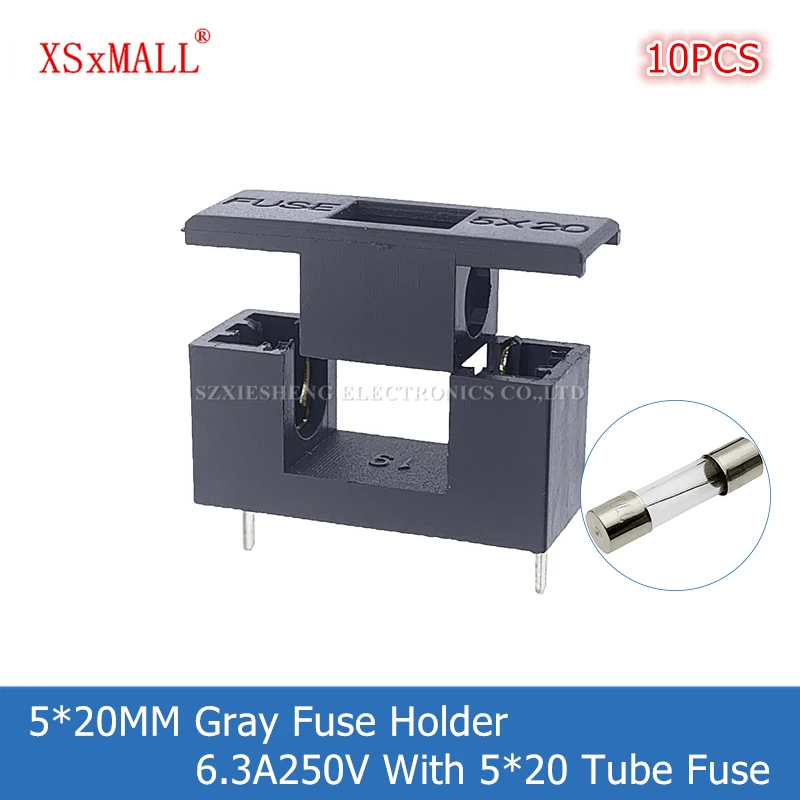 10PCS 5*20MM Fuse Holder 6.3A250V Gray Holder & Gray Cover Fuse Blocks PCB Panel Mounting Fuse Base With 5*20MM Tube Fuse