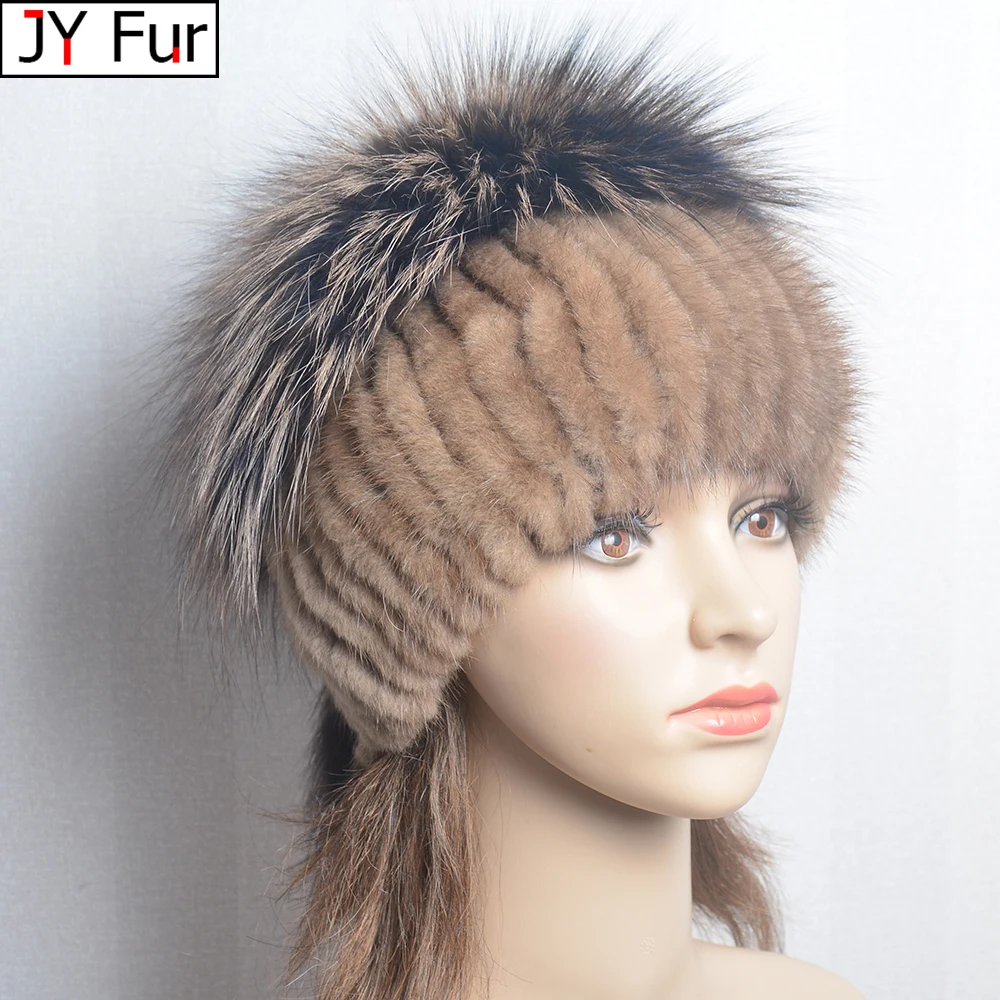 Luxury Lady Quality Elastic Real Mink Fur Caps Hand Knitted Winter Warm Women Real Mink Fur Bomber Hat Top Fox Fur Hats