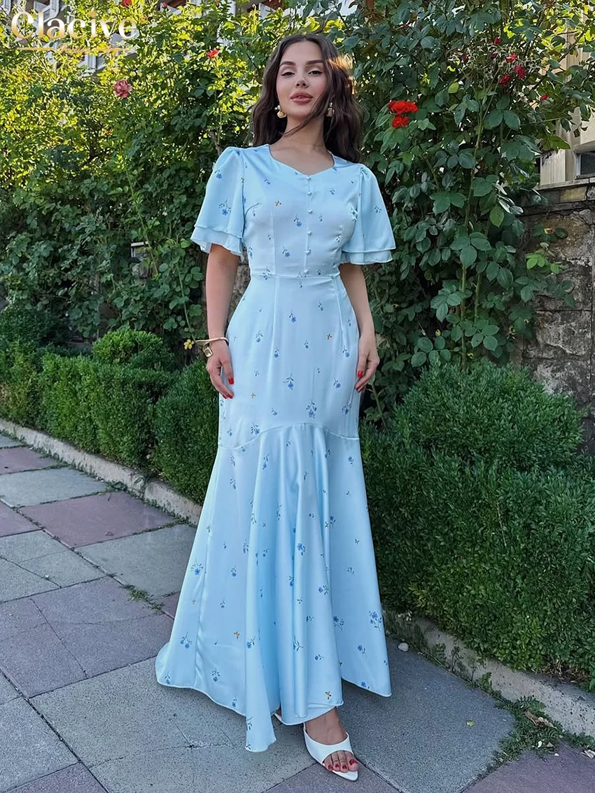 

Clacive Summer Loose Print Women's Dress 2026 Fashion O-Neck Short Sleeve Maxi Dresses Elegant High Waist Pleated Female Dress