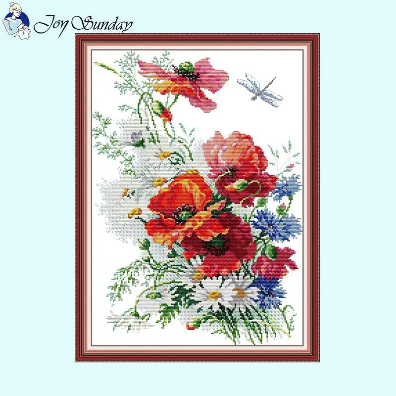 Daisies and Poppies DIY Floral Pattern Cross Stitch Kit 11CT 14CT 16CT Count Printed Canvas Fabric Needle Thread Embroidery Set