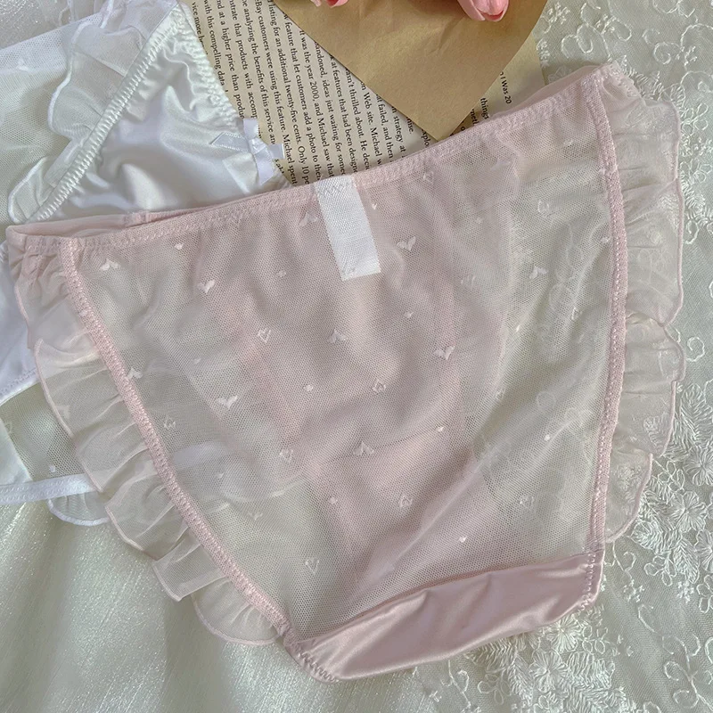 Women Sexy Mesh Satin Lace Ruffles Underwear Transparent Bow Cute Lovely Low Waist Thin Breathable Panties High Forks Breifs