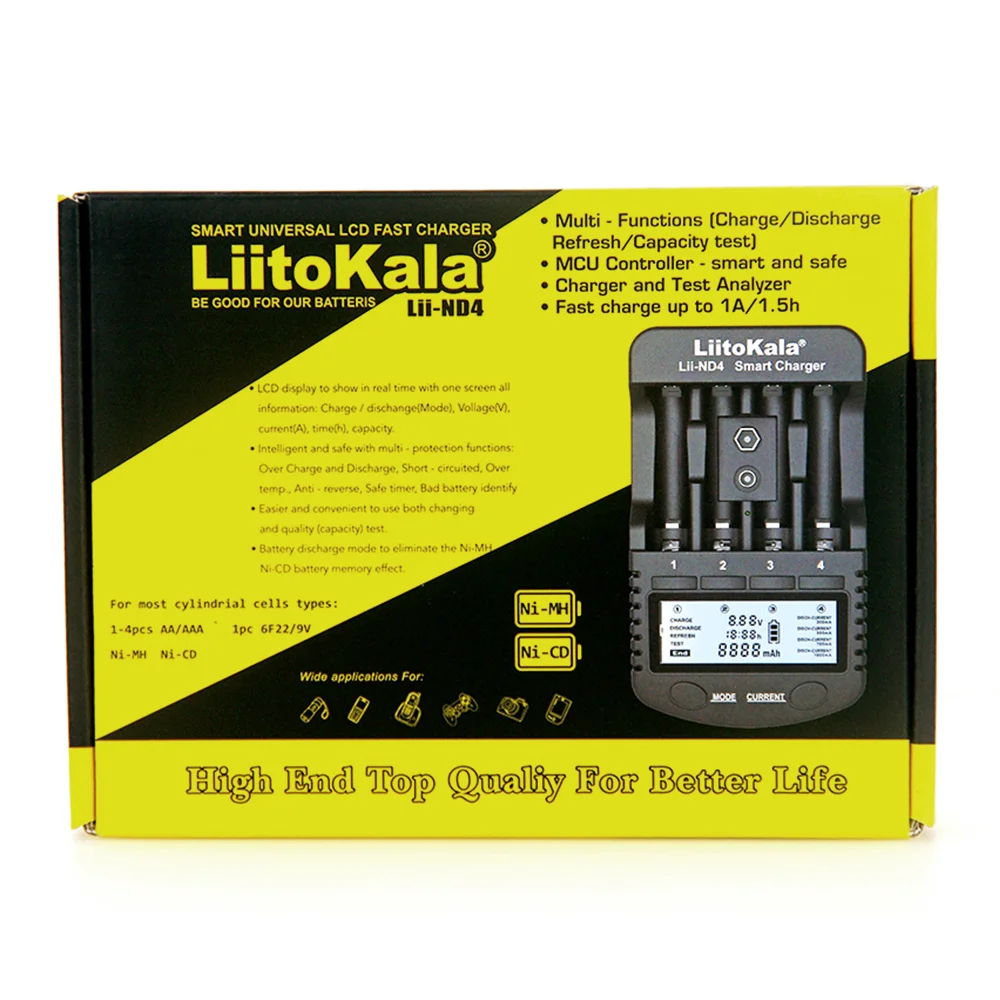 LiitoKala Lii-ND4 9V Battery Charger NiMH/Cd 1.2V AA AAA Charging Battery Charger LCD Display and Test Battery Capacity