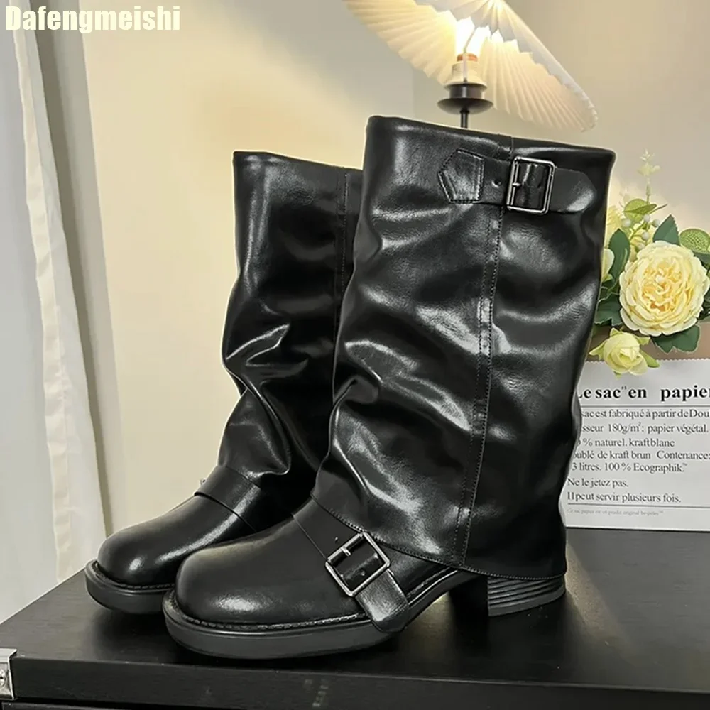 

Женские ботинки челси из натуральной кожи на толстой подошве, новинка 2025, стильные ковбойские сапоги в стиле вестерн с пряжкой на ремне, плиссированные сапоги до середины икры