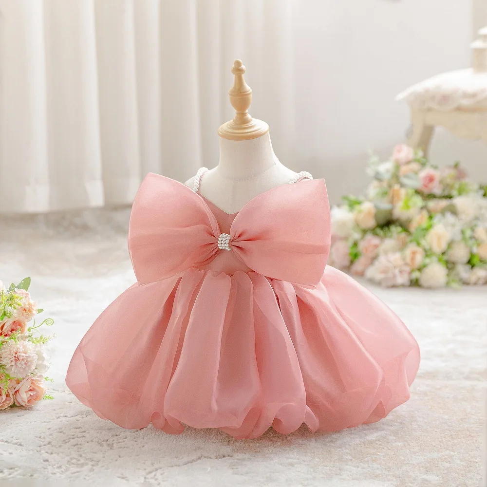 Infant Baby Pink Pearl Spaghetti Strap Flower Girl Dress Bow Bubble Puffy Skirt Toddler Girl 1st Birthday Photo Shoot Gown ASQ03