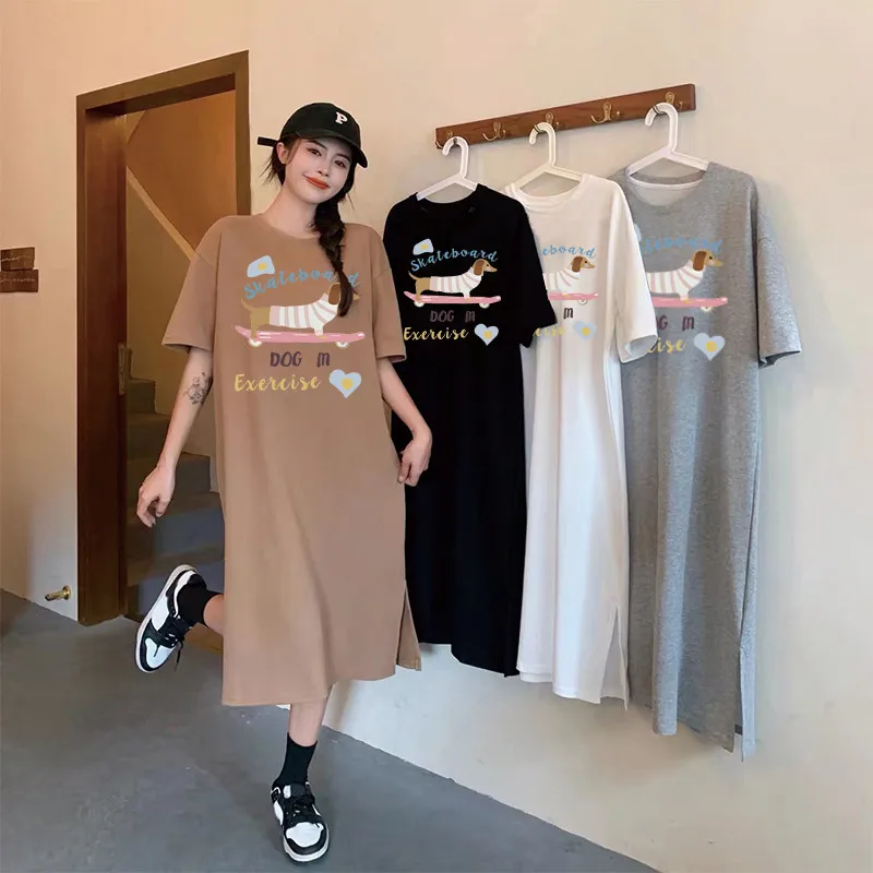 Korean Style Ins Cute Cartoon Dog Print Summer New Plus Size Loose Short Sleeved DressComfortable Dress for Pregnant Women