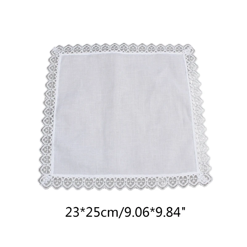 F42F 23x25cm Men Women Cotton Handkerchiefs Solid White Hankies Pocket Lace Trim Towel Diy Painting Handkerchiefs for Woman