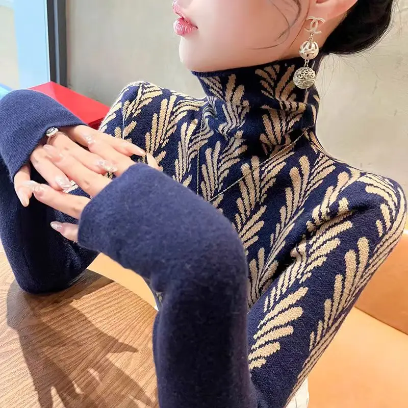 Women's Clothing Elegant Chic Plant Knit Sweaters Autumn Winter Fashion All-match Turtleneck Slim Pullovers Office Lady Tops